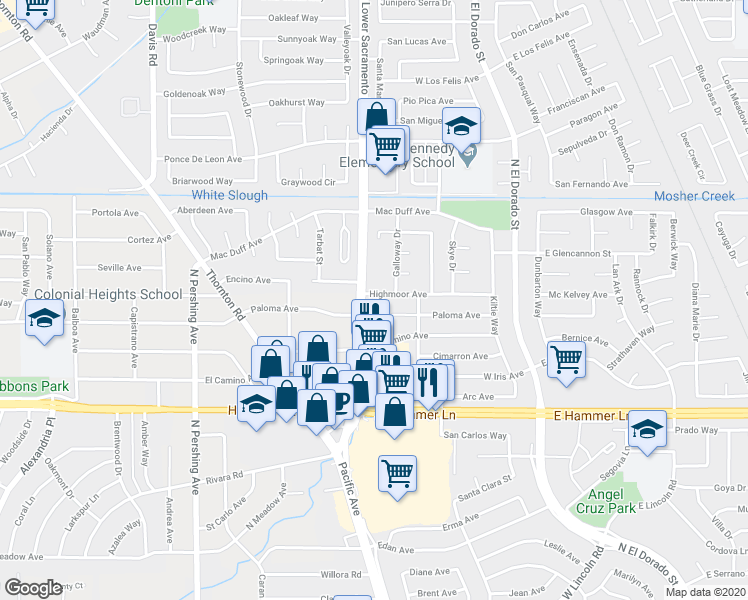 map of restaurants, bars, coffee shops, grocery stores, and more near 830 Highmoor Avenue in Stockton