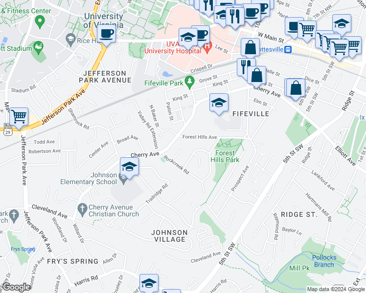 map of restaurants, bars, coffee shops, grocery stores, and more near 108 Laurel Circle in Charlottesville