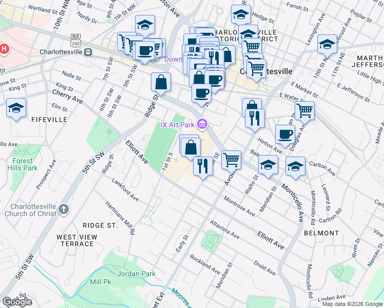 map of restaurants, bars, coffee shops, grocery stores, and more near 925 2nd Street Southeast in Charlottesville