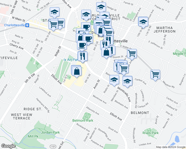 map of restaurants, bars, coffee shops, grocery stores, and more near 606 Monticello Avenue in Charlottesville