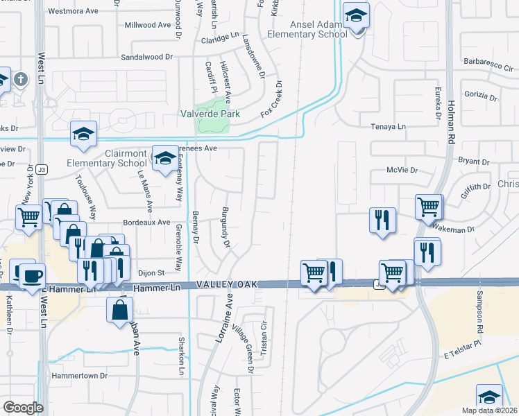 map of restaurants, bars, coffee shops, grocery stores, and more near 2721 Oakwood Court in Stockton
