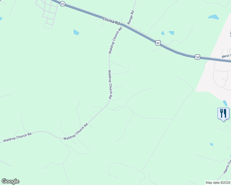 map of restaurants, bars, coffee shops, grocery stores, and more near 3901 Waldrop Church Rd in Louisa