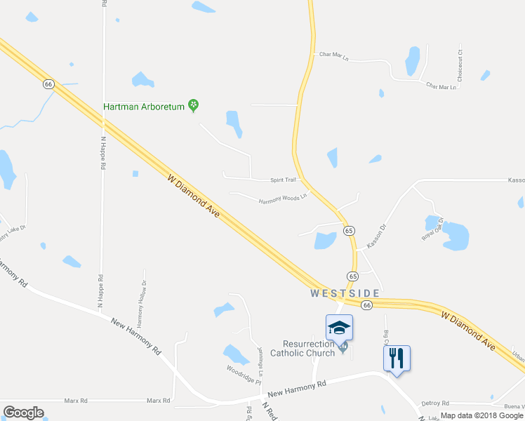 map of restaurants, bars, coffee shops, grocery stores, and more near 5700 Harmony Woods Lane in Evansville