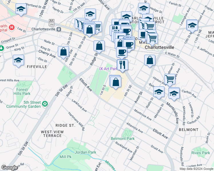 map of restaurants, bars, coffee shops, grocery stores, and more near 740 1st Street South in Charlottesville