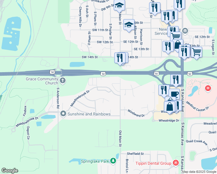 map of restaurants, bars, coffee shops, grocery stores, and more near 1501 Old Main Street in Newton