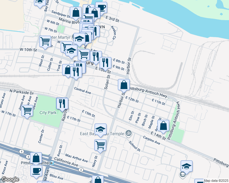map of restaurants, bars, coffee shops, grocery stores, and more near 457 East 12th Street in Pittsburg