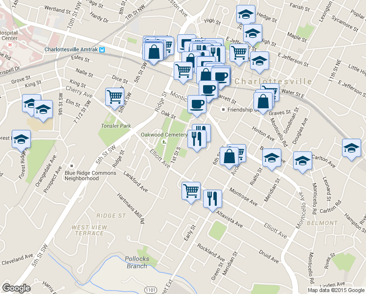 map of restaurants, bars, coffee shops, grocery stores, and more near 740 1st Street South in Charlottesville