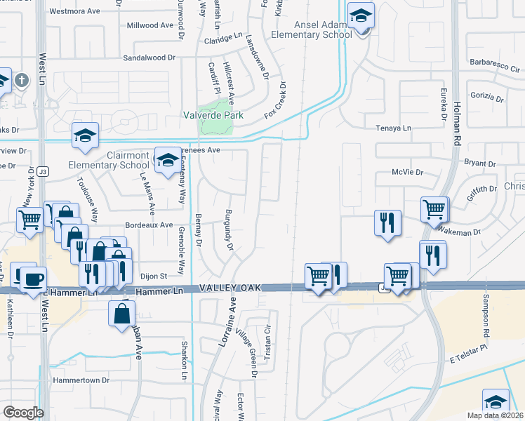 map of restaurants, bars, coffee shops, grocery stores, and more near 2721 Oakwood Court in Stockton