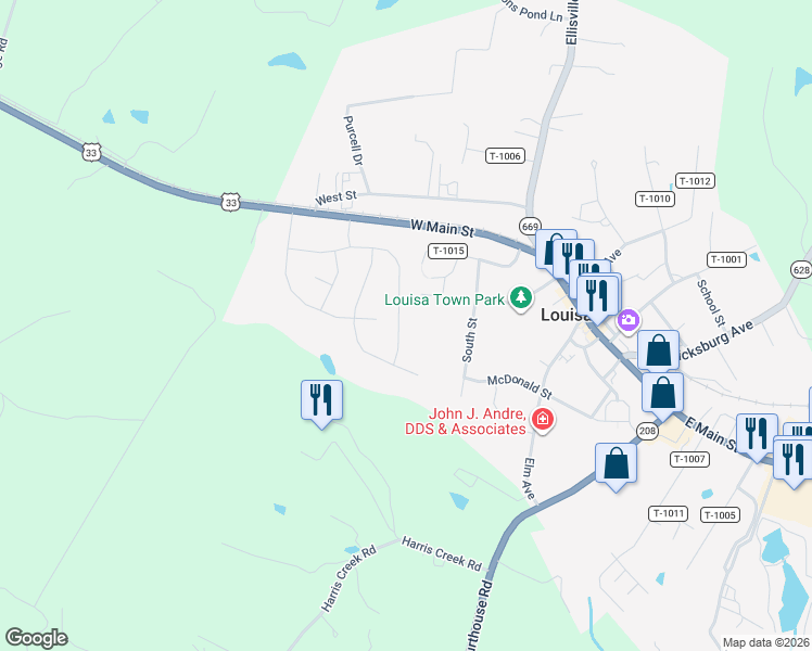 map of restaurants, bars, coffee shops, grocery stores, and more near 331 Cardinal Road in Louisa