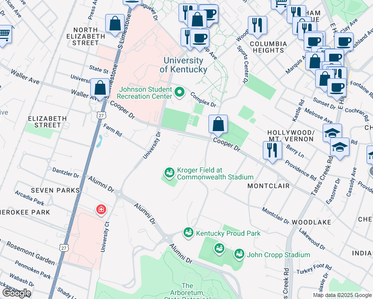map of restaurants, bars, coffee shops, grocery stores, and more near 470 Cooper Drive in Lexington