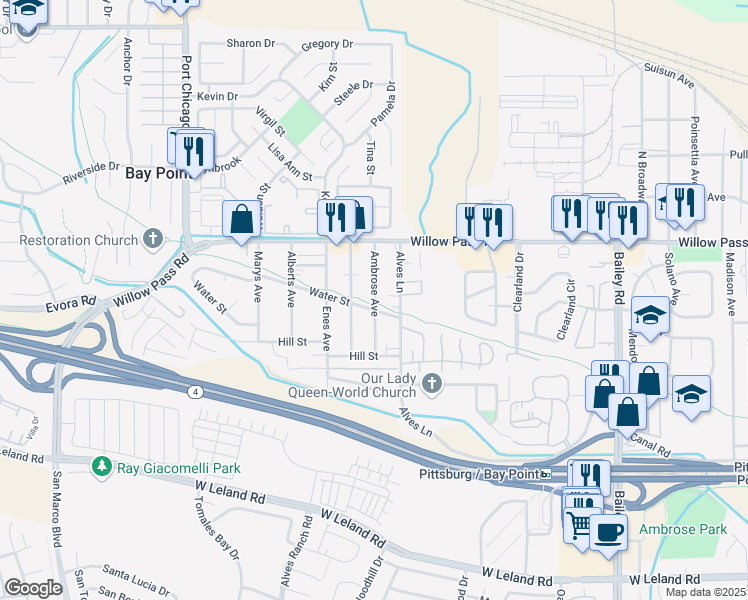 map of restaurants, bars, coffee shops, grocery stores, and more near 95 Marin Avenue in Bay Point