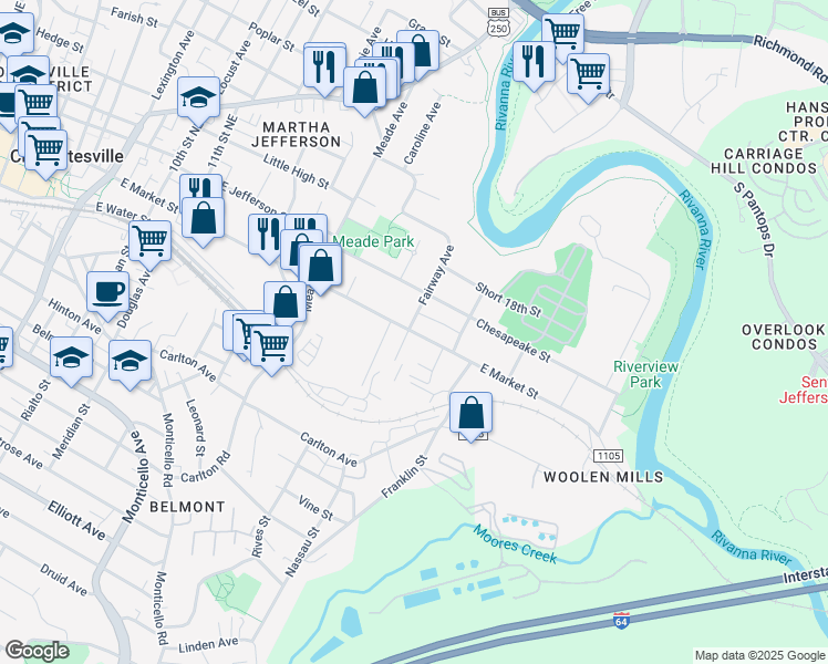 map of restaurants, bars, coffee shops, grocery stores, and more near in Charlottesville