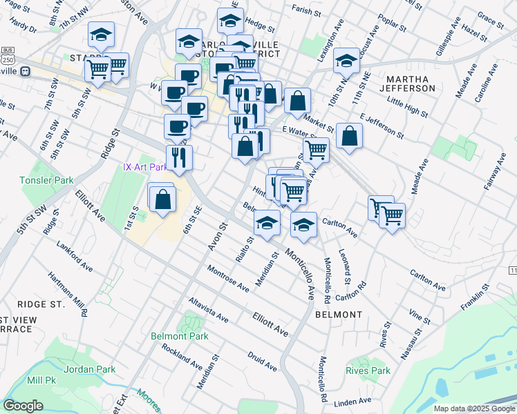 map of restaurants, bars, coffee shops, grocery stores, and more near in Charlottesville