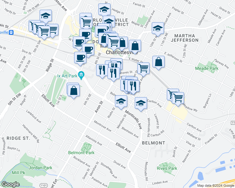 map of restaurants, bars, coffee shops, grocery stores, and more near 759 Belmont Avenue in Charlottesville