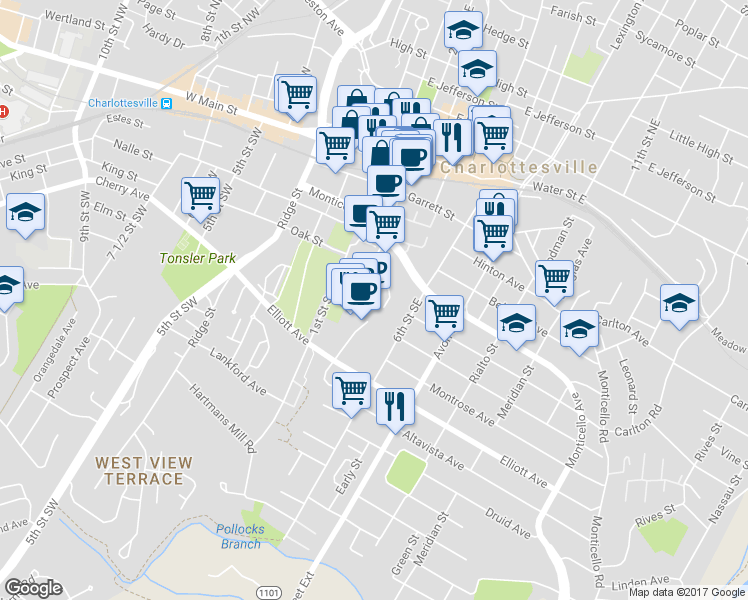 map of restaurants, bars, coffee shops, grocery stores, and more near 925 2nd Street Southeast in Charlottesville