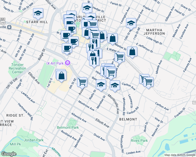 map of restaurants, bars, coffee shops, grocery stores, and more near 759 Belmont Avenue in Charlottesville