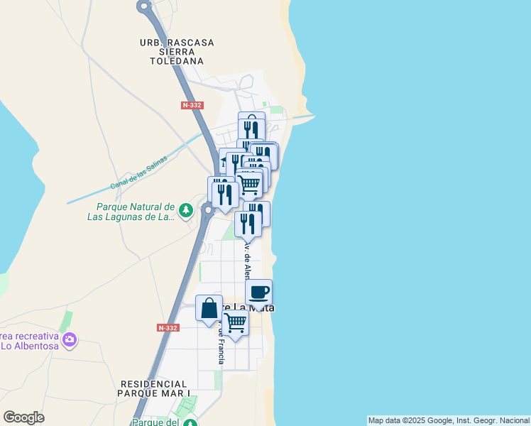 map of restaurants, bars, coffee shops, grocery stores, and more near Av de la Sal in Torrevieja
