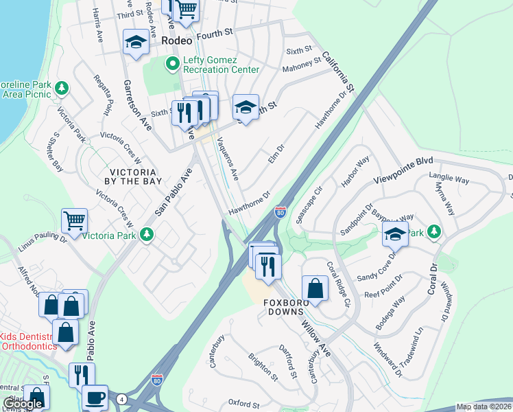 map of restaurants, bars, coffee shops, grocery stores, and more near 807 Hawthorne Drive in Rodeo
