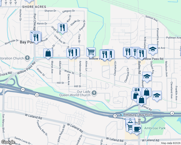 map of restaurants, bars, coffee shops, grocery stores, and more near 128 Tammy Circle in Bay Point