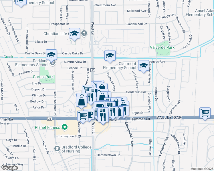 map of restaurants, bars, coffee shops, grocery stores, and more near 1517 Knickerbocker Dr in Stockton