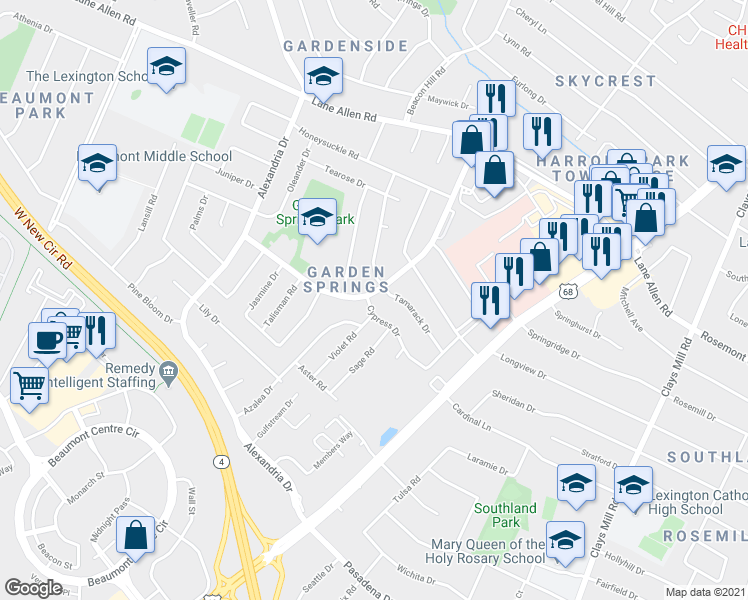 map of restaurants, bars, coffee shops, grocery stores, and more near 2106 Garden Springs Drive in Lexington