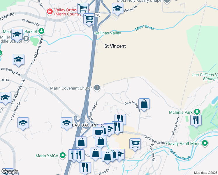 map of restaurants, bars, coffee shops, grocery stores, and more near 100 Deer Valley Road in San Rafael