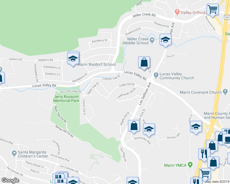 map of restaurants, bars, coffee shops, grocery stores, and more near 430 Cedar Hill Drive in San Rafael