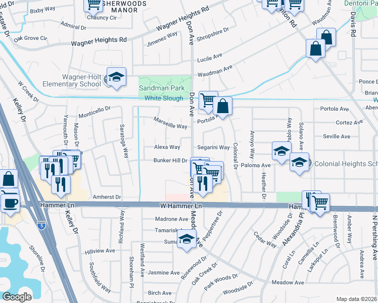 map of restaurants, bars, coffee shops, grocery stores, and more near 8225 Don Avenue in Stockton