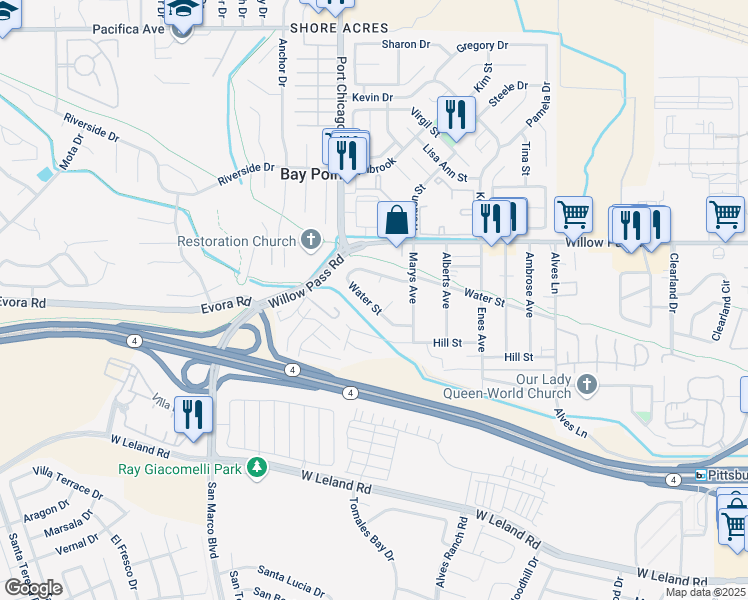 map of restaurants, bars, coffee shops, grocery stores, and more near 75 Water Street in Bay Point