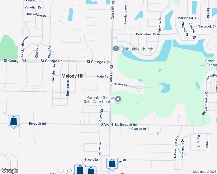 map of restaurants, bars, coffee shops, grocery stores, and more near 5121 Oak Hill Road in Evansville