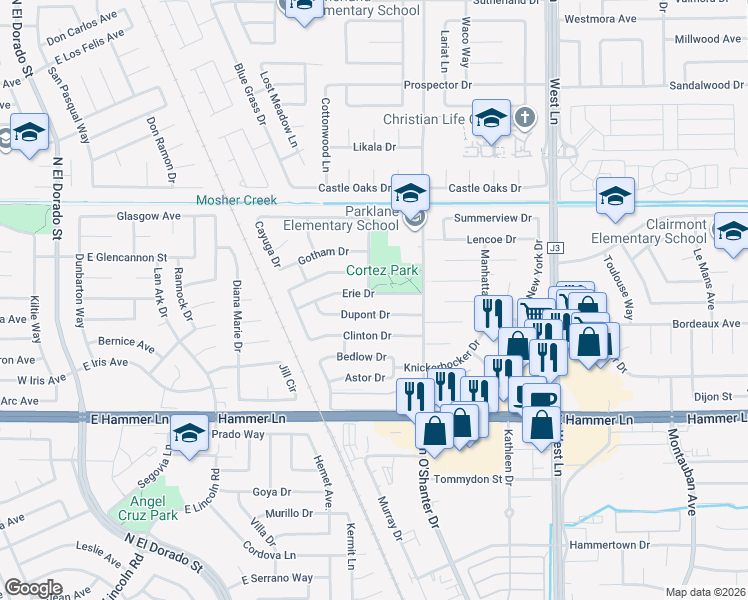 map of restaurants, bars, coffee shops, grocery stores, and more near 740 Erie Drive in Stockton