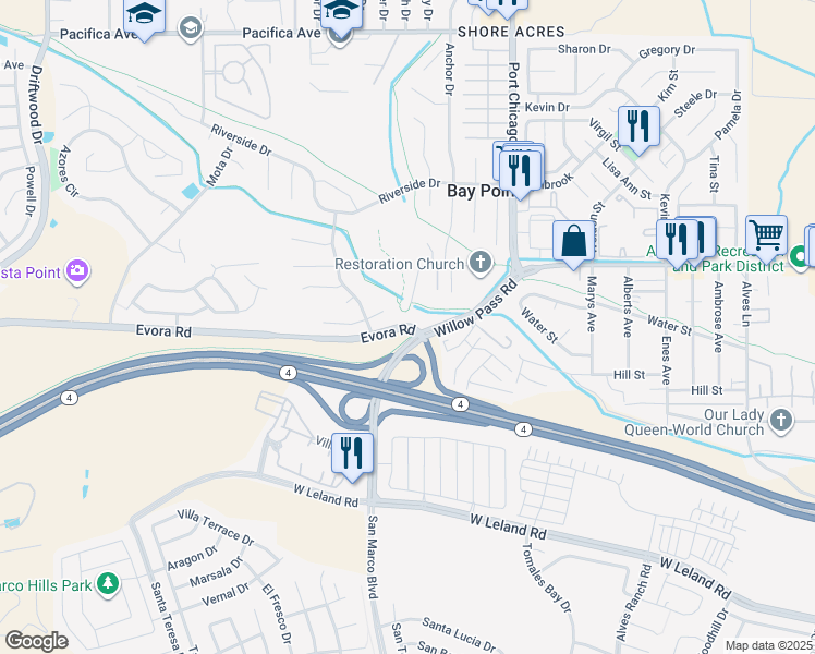 map of restaurants, bars, coffee shops, grocery stores, and more near Evora Rd & Willow Pass Rd in Bay Point
