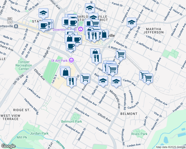 map of restaurants, bars, coffee shops, grocery stores, and more near 700 Belmont Avenue in Charlottesville