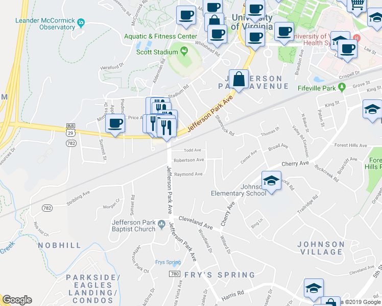 map of restaurants, bars, coffee shops, grocery stores, and more near 202 Todd Avenue in Charlottesville