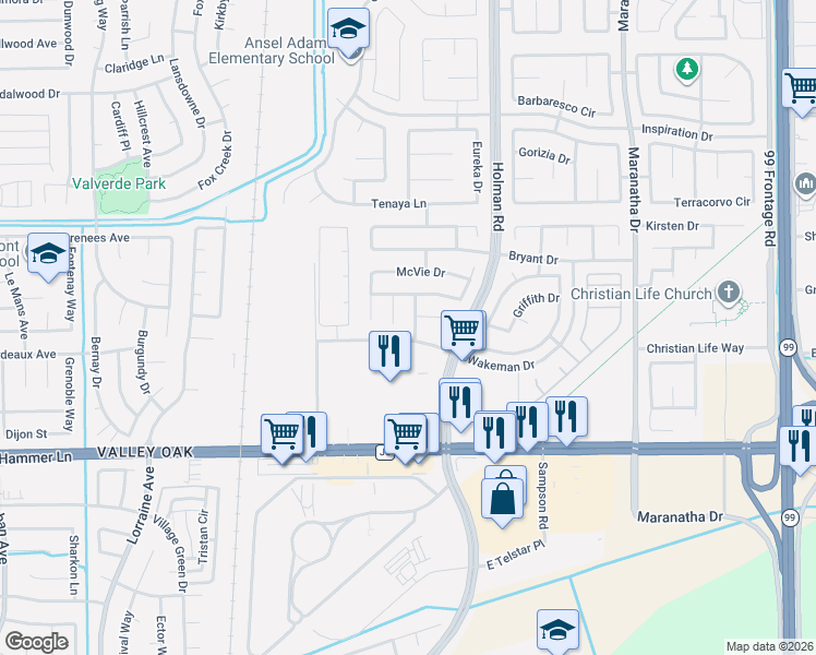 map of restaurants, bars, coffee shops, grocery stores, and more near 8118 Emerson Court in Stockton