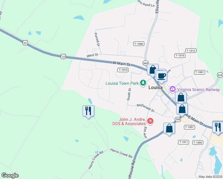map of restaurants, bars, coffee shops, grocery stores, and more near 331 Cardinal Road in Louisa
