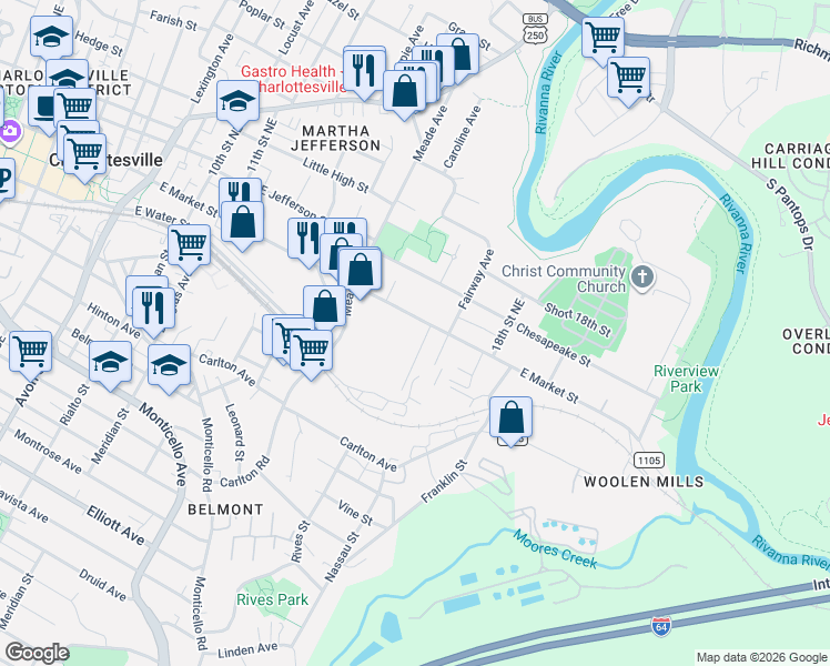 map of restaurants, bars, coffee shops, grocery stores, and more near 1326 East Market Street in Charlottesville