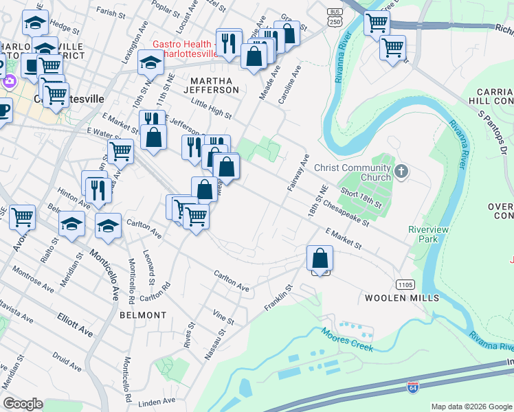 map of restaurants, bars, coffee shops, grocery stores, and more near 1326 East Market Street in Charlottesville