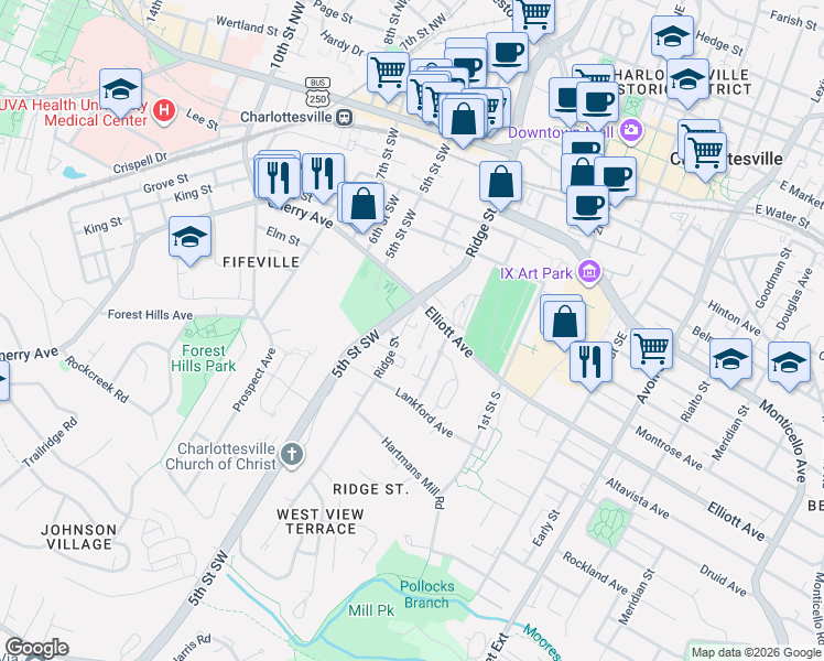 map of restaurants, bars, coffee shops, grocery stores, and more near 115 Penick Court in Charlottesville