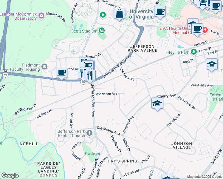 map of restaurants, bars, coffee shops, grocery stores, and more near 202 Todd Avenue in Charlottesville