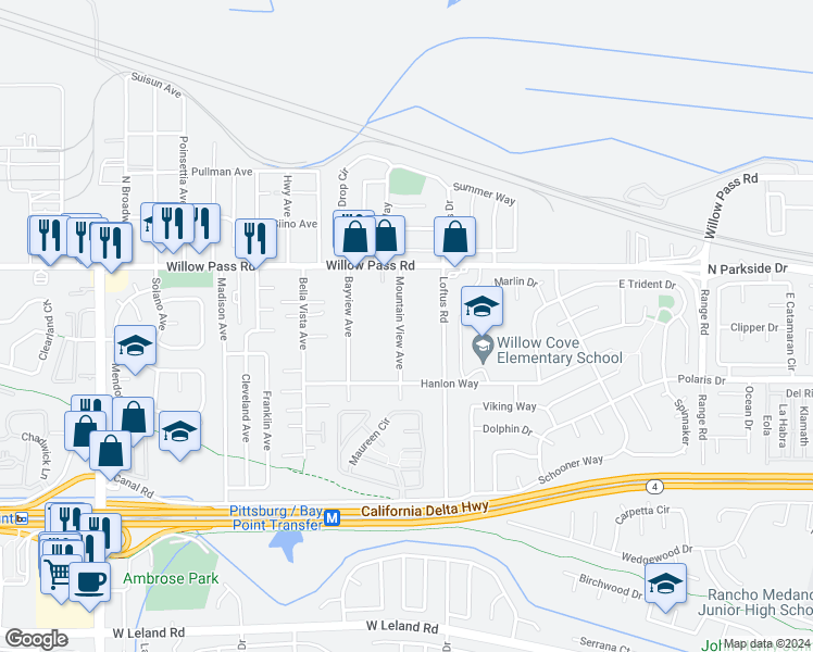 map of restaurants, bars, coffee shops, grocery stores, and more near 55 Mountain View Avenue in Bay Point