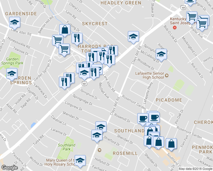 map of restaurants, bars, coffee shops, grocery stores, and more near 618 Lane Allen Road in Lexington