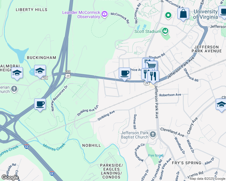 map of restaurants, bars, coffee shops, grocery stores, and more near 2504 Plateau Road in Charlottesville