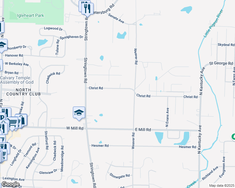 map of restaurants, bars, coffee shops, grocery stores, and more near 413 Christ Road in Evansville