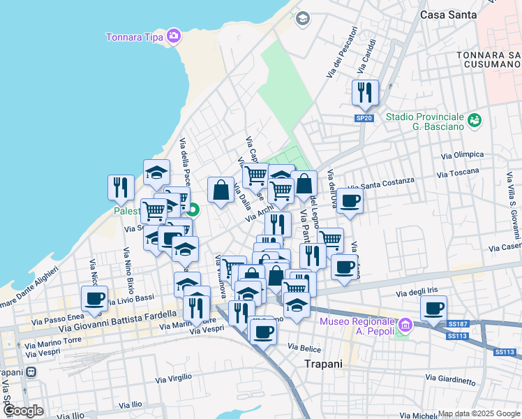 map of restaurants, bars, coffee shops, grocery stores, and more near 139 Via Archi in Trapani