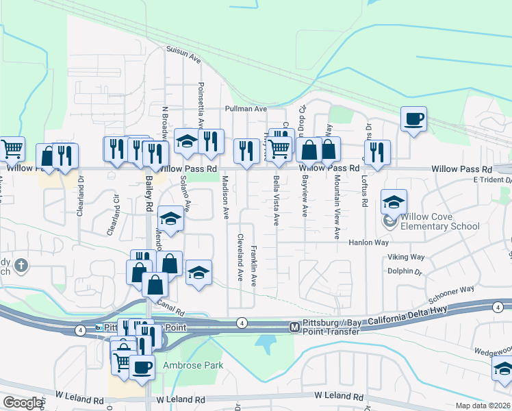 map of restaurants, bars, coffee shops, grocery stores, and more near 35 Jefferson Street in Bay Point