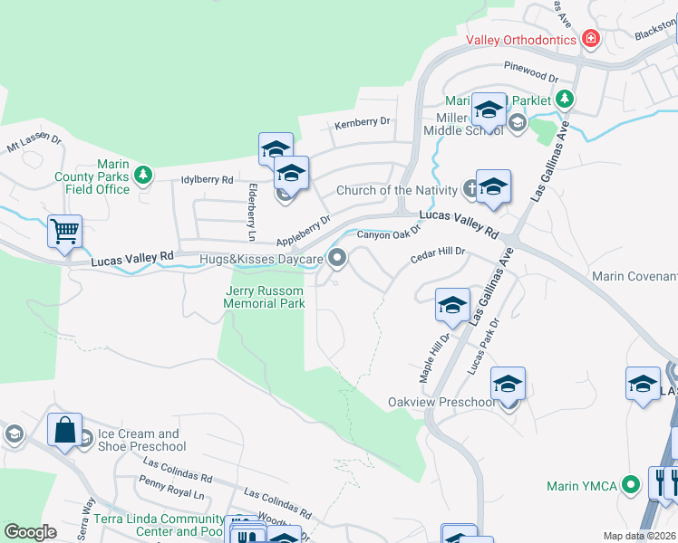 map of restaurants, bars, coffee shops, grocery stores, and more near 73 Upper Oak Drive in San Rafael