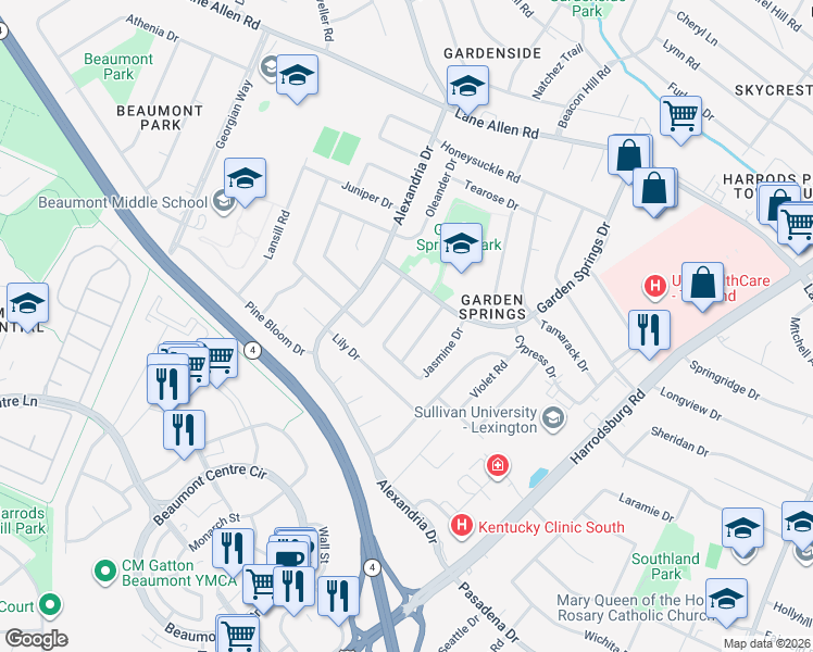 map of restaurants, bars, coffee shops, grocery stores, and more near 2221 Jasmine Dr in Lexington
