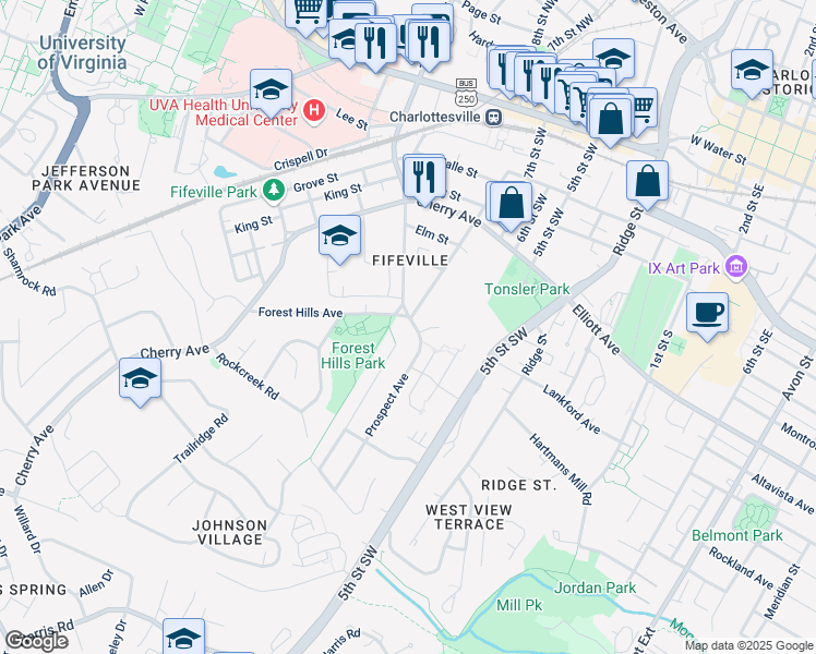 map of restaurants, bars, coffee shops, grocery stores, and more near 609 Prospect Avenue in Charlottesville