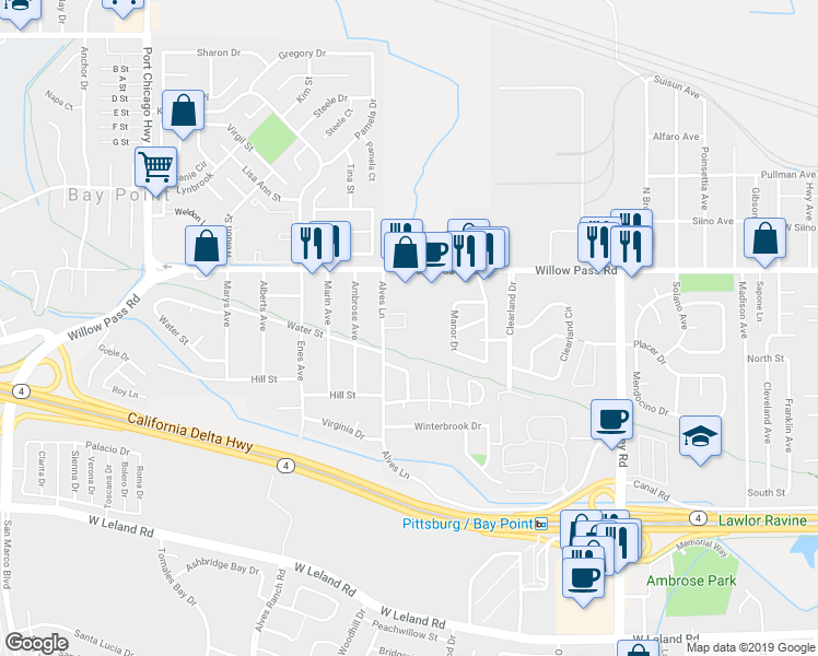 map of restaurants, bars, coffee shops, grocery stores, and more near 126 Tammy Circle in Bay Point